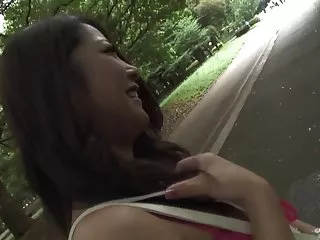Hot babe gets a finger at a stranger in the park, big tits