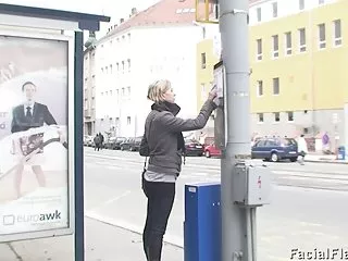 Blonde teen gets huge facial, dressing rooms, blonde face
